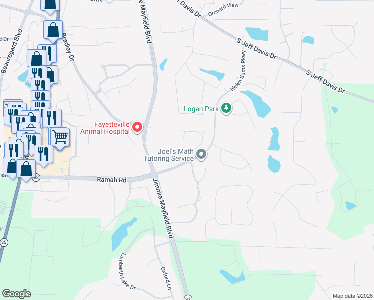 map of restaurants, bars, coffee shops, grocery stores, and more near 120 Susan Lane in Fayetteville