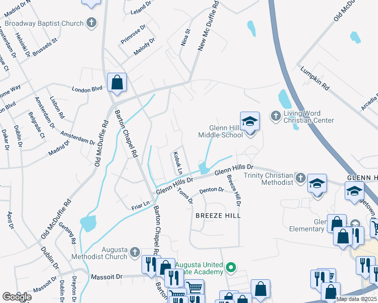 map of restaurants, bars, coffee shops, grocery stores, and more near 2432 Emery Hills Drive in Augusta