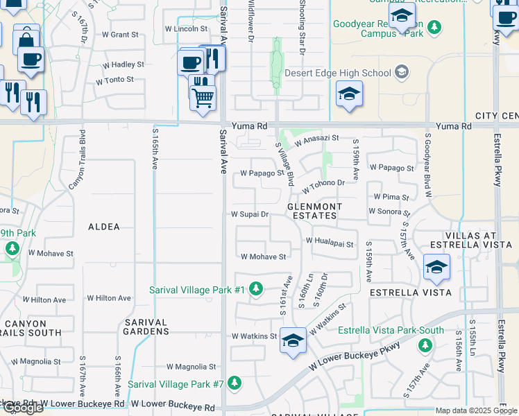 map of restaurants, bars, coffee shops, grocery stores, and more near 16189 West Pima Street in Goodyear