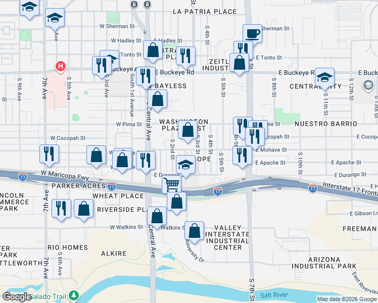 map of restaurants, bars, coffee shops, grocery stores, and more near 1714 South 2nd Place in Phoenix