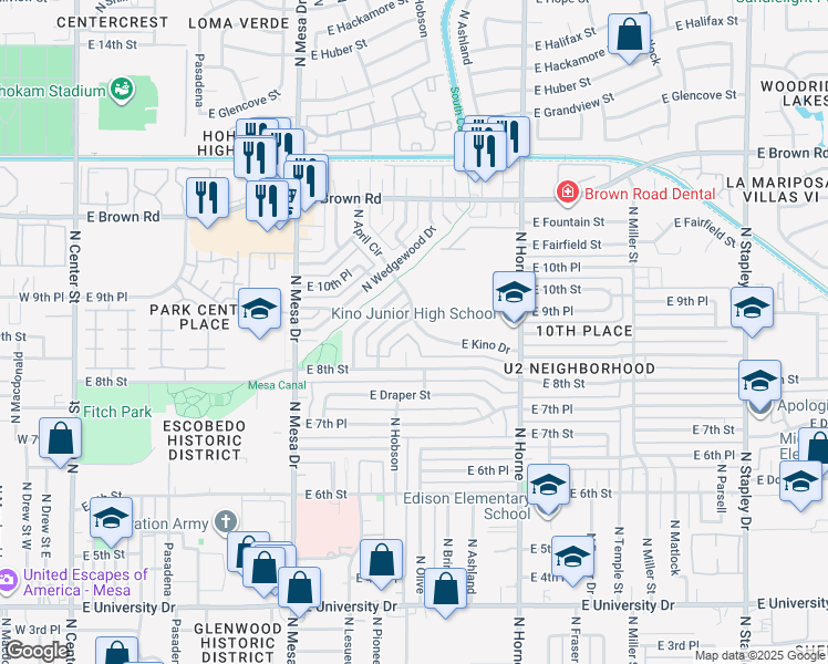 map of restaurants, bars, coffee shops, grocery stores, and more near 628 East 8th Street in Mesa