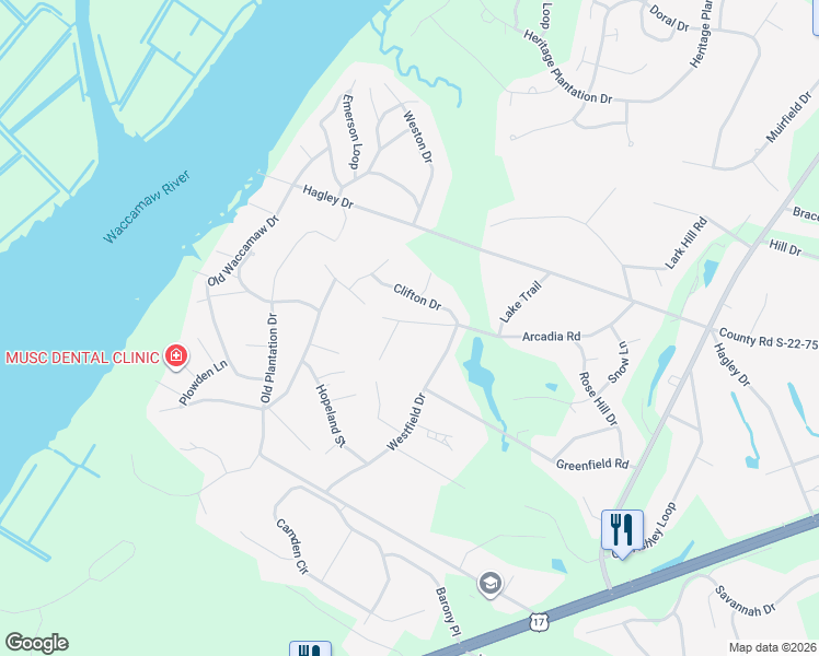 map of restaurants, bars, coffee shops, grocery stores, and more near 45 Citadel Place in Pawleys Island