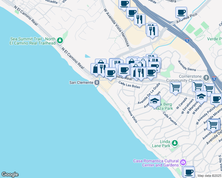 map of restaurants, bars, coffee shops, grocery stores, and more near 633 Boca De La Playa in San Clemente