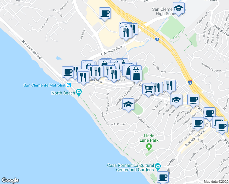 map of restaurants, bars, coffee shops, grocery stores, and more near 126 Avenida Del Reposo in San Clemente