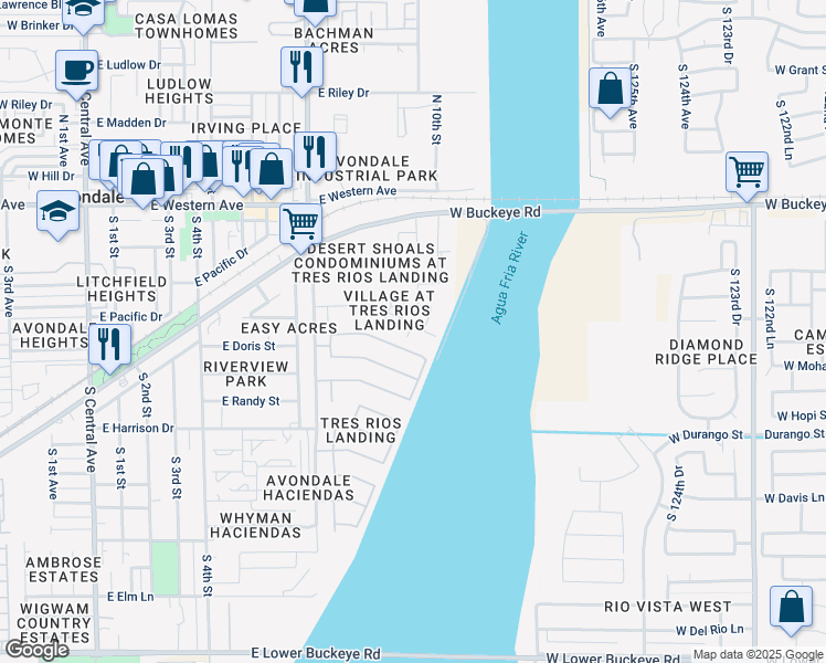 map of restaurants, bars, coffee shops, grocery stores, and more near 947 East Agua Fria Lane in Avondale