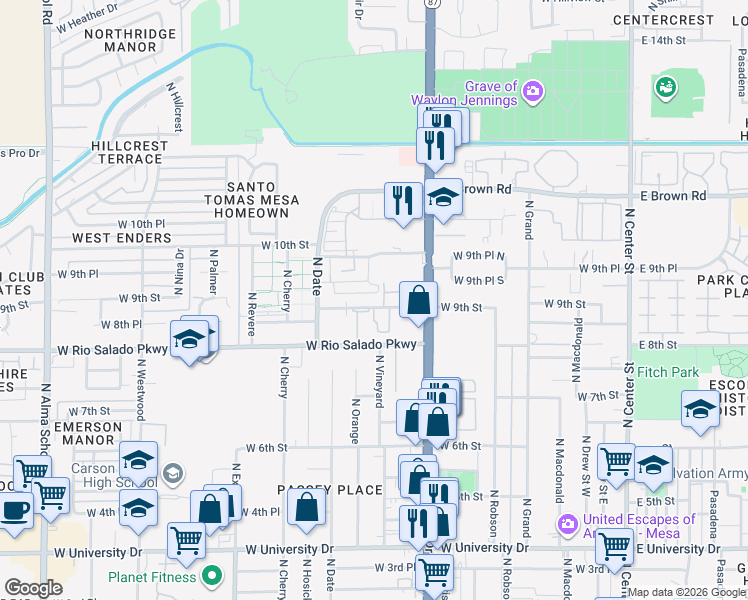 map of restaurants, bars, coffee shops, grocery stores, and more near 523 West 9th Street in Mesa