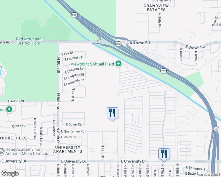 map of restaurants, bars, coffee shops, grocery stores, and more near 650 North Hawes Road in Mesa