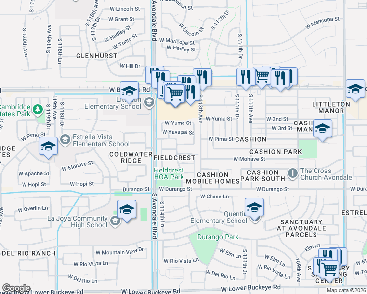 map of restaurants, bars, coffee shops, grocery stores, and more near 11367 West Cocopah Street in Avondale
