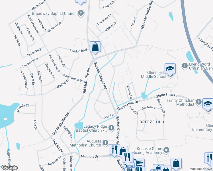 map of restaurants, bars, coffee shops, grocery stores, and more near 3621 Mount View Drive in Augusta