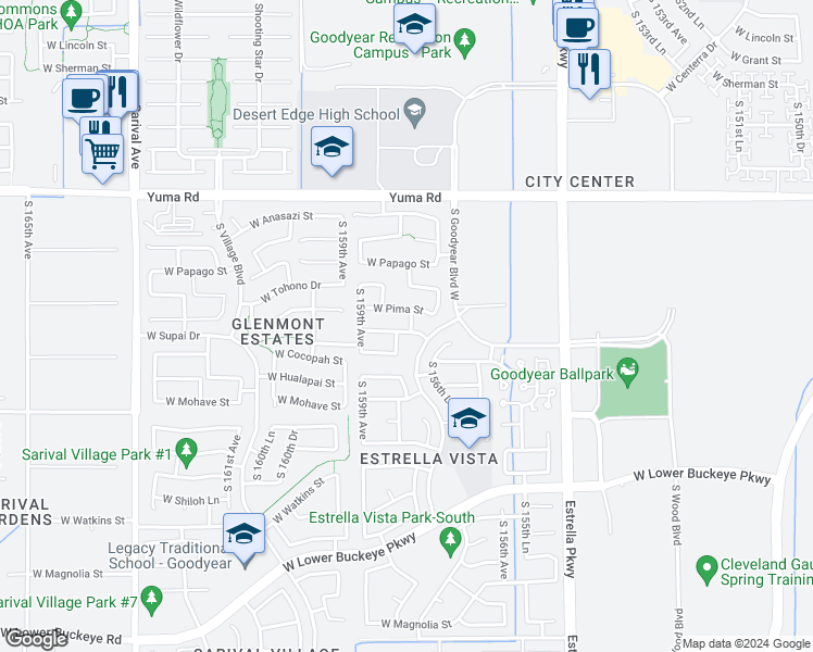 map of restaurants, bars, coffee shops, grocery stores, and more near 15784 West Sonora Street in Goodyear
