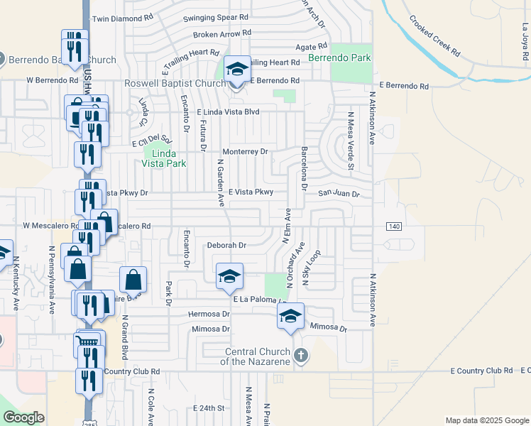map of restaurants, bars, coffee shops, grocery stores, and more near 804 East Mescalero Road in Roswell