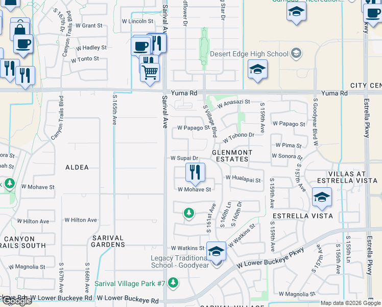 map of restaurants, bars, coffee shops, grocery stores, and more near 16189 West Pima Street in Goodyear