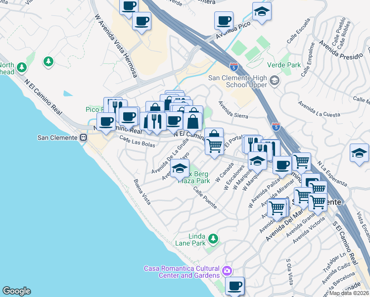 map of restaurants, bars, coffee shops, grocery stores, and more near Avenida De La Vista in San Juan Capistrano
