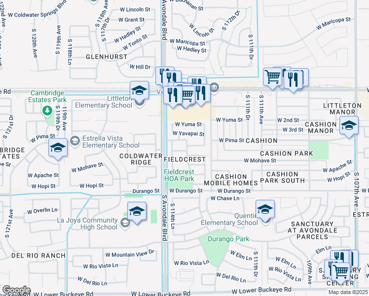 map of restaurants, bars, coffee shops, grocery stores, and more near 11402 West Cocopah Street in Avondale