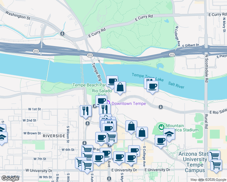 map of restaurants, bars, coffee shops, grocery stores, and more near 40 East Rio Salado Parkway in Tempe