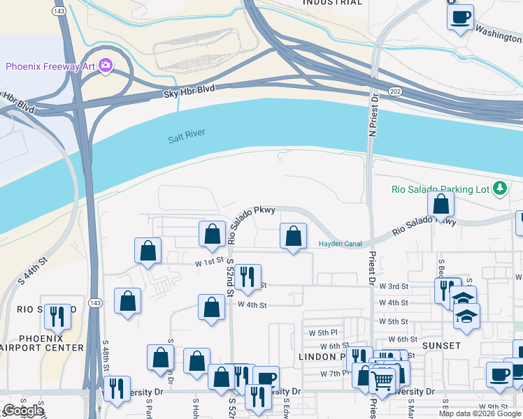 map of restaurants, bars, coffee shops, grocery stores, and more near 1720 West Rio Salado Parkway in Tempe