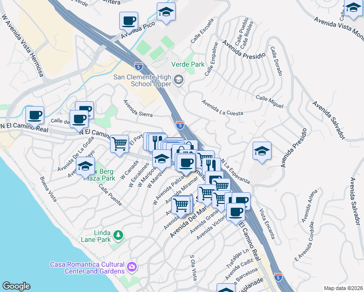map of restaurants, bars, coffee shops, grocery stores, and more near 602 Avenida de la Estrella in San Clemente