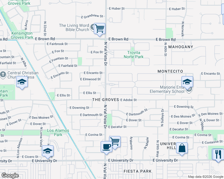 map of restaurants, bars, coffee shops, grocery stores, and more near 453 North Val Vista Drive in Mesa