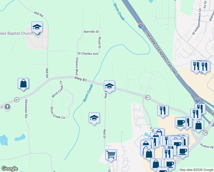 map of restaurants, bars, coffee shops, grocery stores, and more near 15 Jim Alexander Road in McDonough