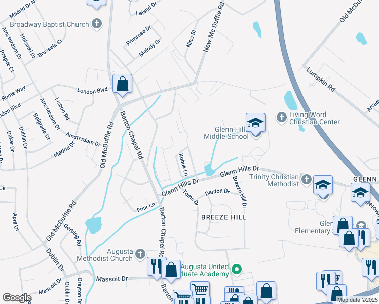 map of restaurants, bars, coffee shops, grocery stores, and more near 2449 Emery Hills Drive in Augusta