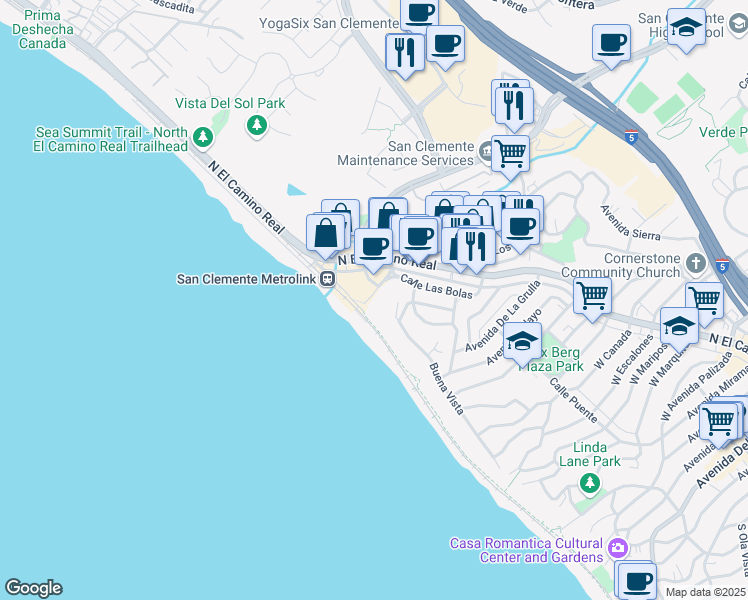 map of restaurants, bars, coffee shops, grocery stores, and more near in San Clemente