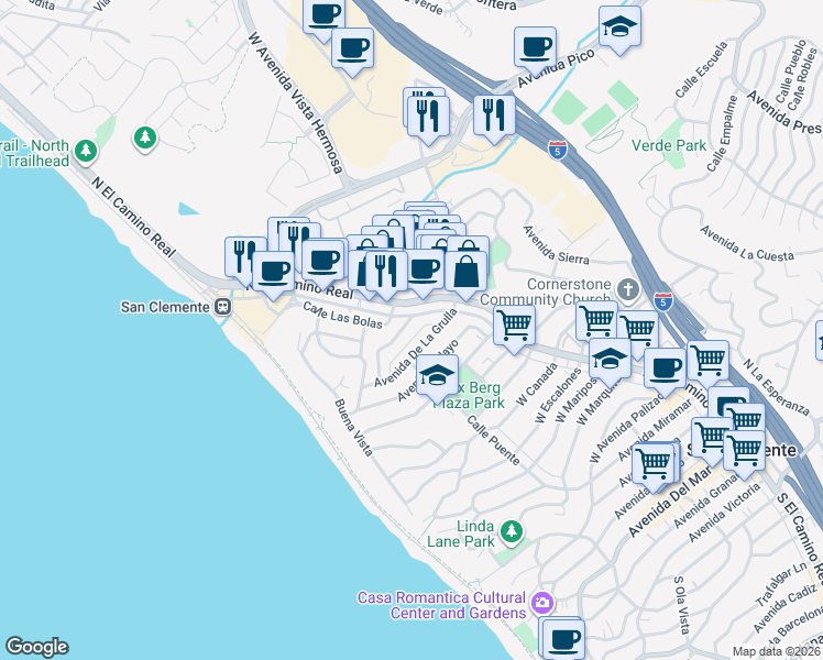 map of restaurants, bars, coffee shops, grocery stores, and more near 1422 North El Camino Real in San Clemente
