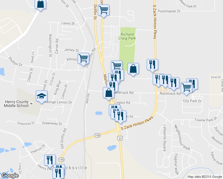 map of restaurants, bars, coffee shops, grocery stores, and more near 610 Macon St in McDonough