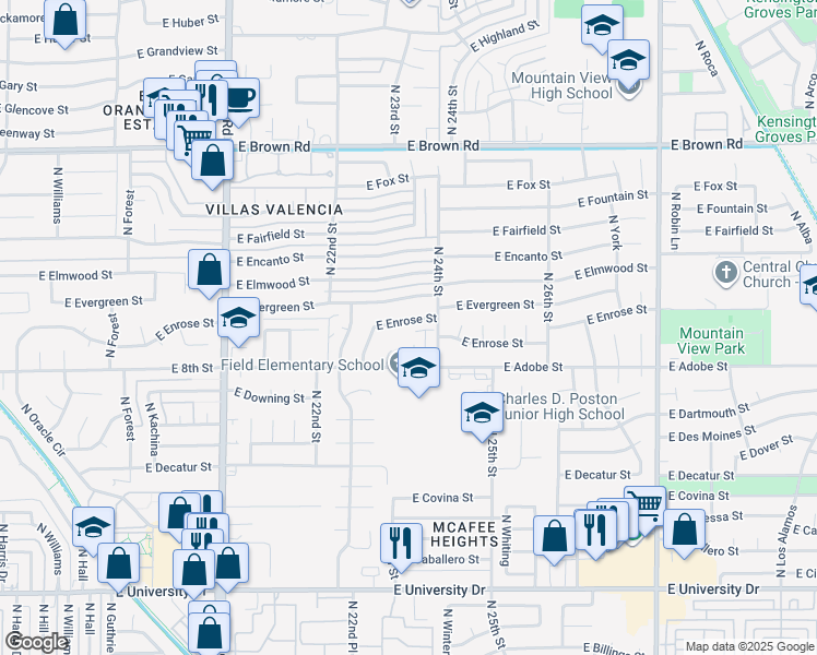 map of restaurants, bars, coffee shops, grocery stores, and more near 2303 East Evergreen Street in Mesa