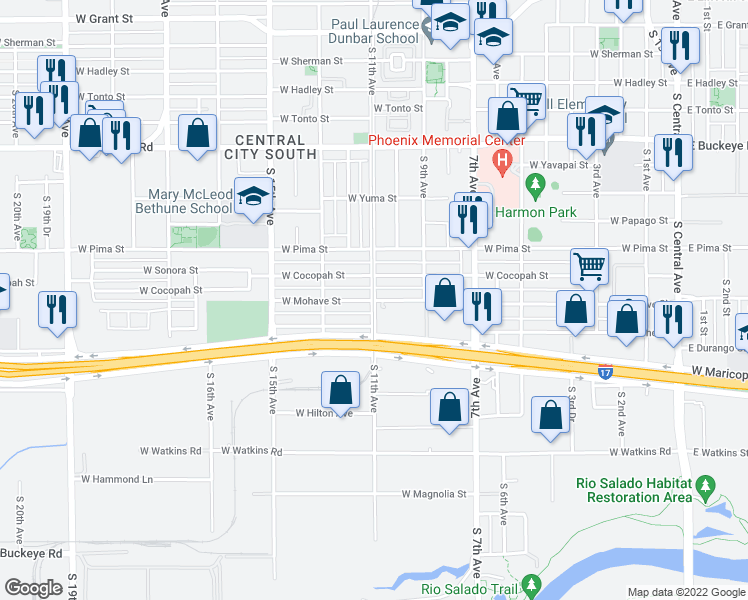 map of restaurants, bars, coffee shops, grocery stores, and more near W Mohave St & S 11th Ave in Phoenix