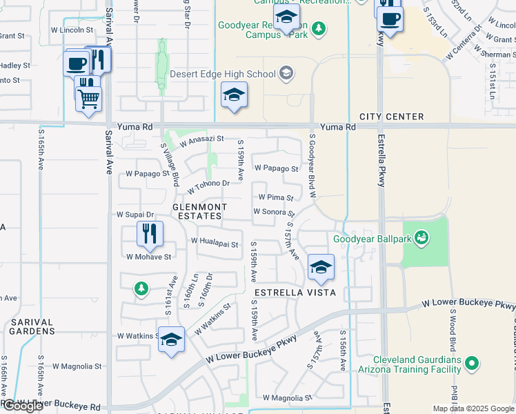map of restaurants, bars, coffee shops, grocery stores, and more near 1573 South 158th Drive in Goodyear