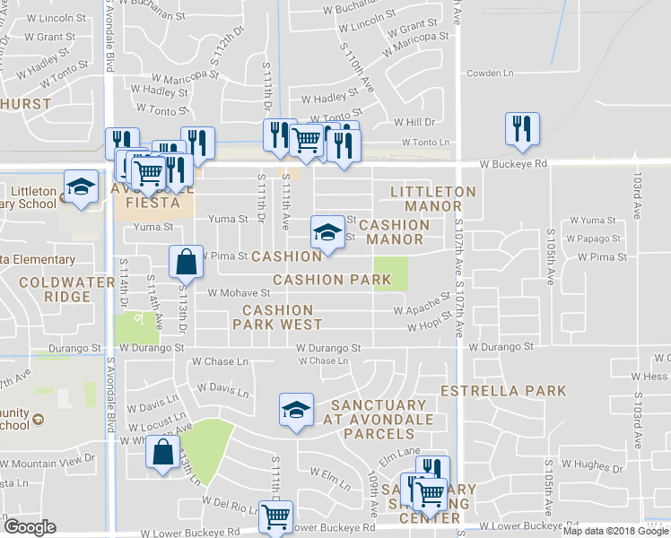 map of restaurants, bars, coffee shops, grocery stores, and more near 10944 West Cocopah Street in Cashion