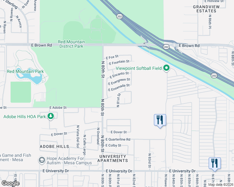 map of restaurants, bars, coffee shops, grocery stores, and more near 8056 East Ensenada Street in Mesa
