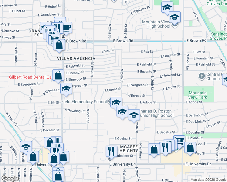 map of restaurants, bars, coffee shops, grocery stores, and more near 2303 East Evergreen Street in Mesa