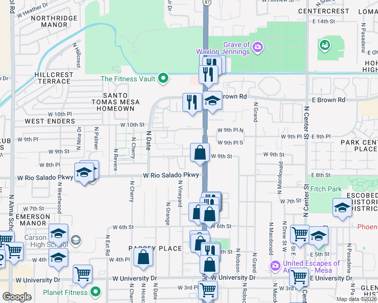 map of restaurants, bars, coffee shops, grocery stores, and more near 900 North Country Club Drive in Mesa