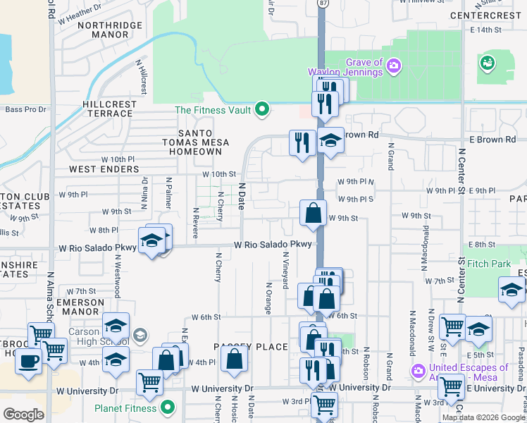 map of restaurants, bars, coffee shops, grocery stores, and more near 528 West 9th Place in Mesa
