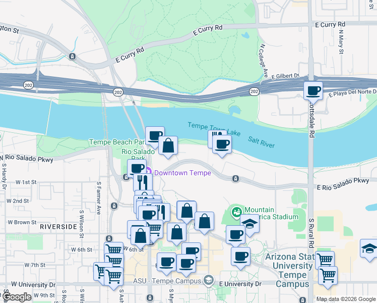 map of restaurants, bars, coffee shops, grocery stores, and more near 260 East Rio Salado Parkway in Tempe