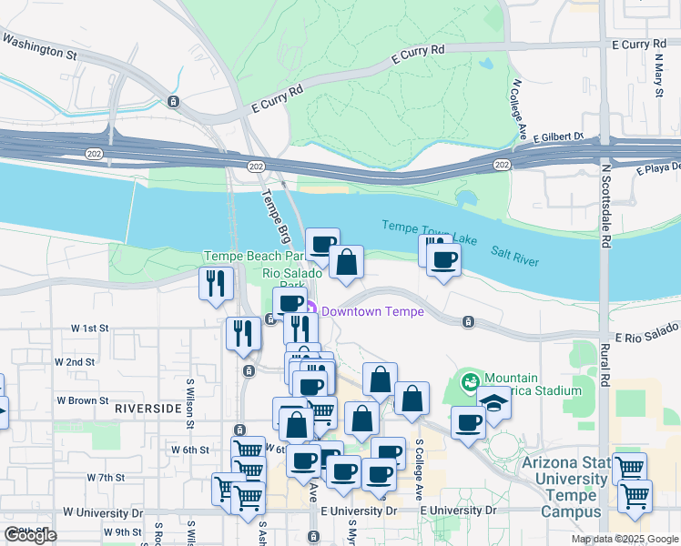 map of restaurants, bars, coffee shops, grocery stores, and more near 60 East Rio Salado Parkway in Tempe