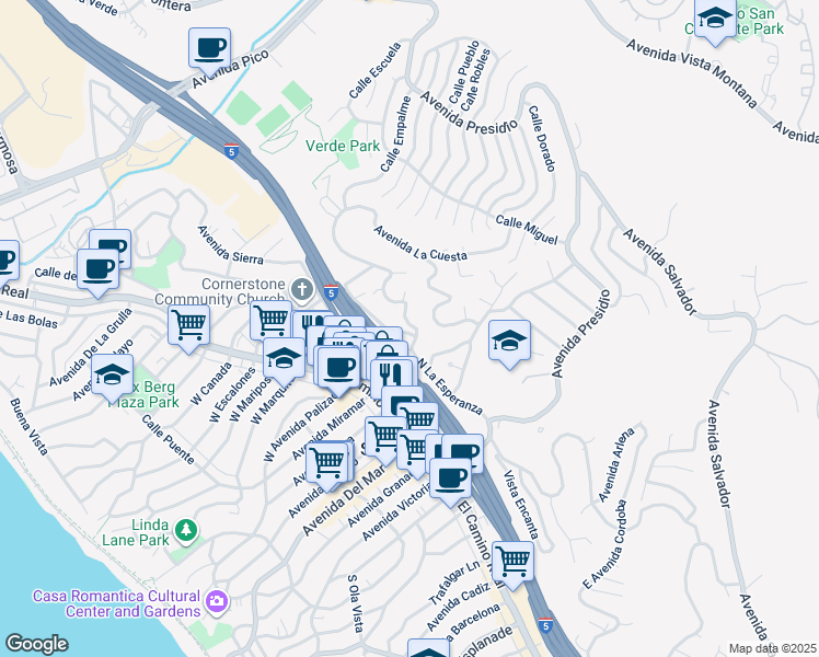 map of restaurants, bars, coffee shops, grocery stores, and more near 141 Avenida De La Paz in San Clemente