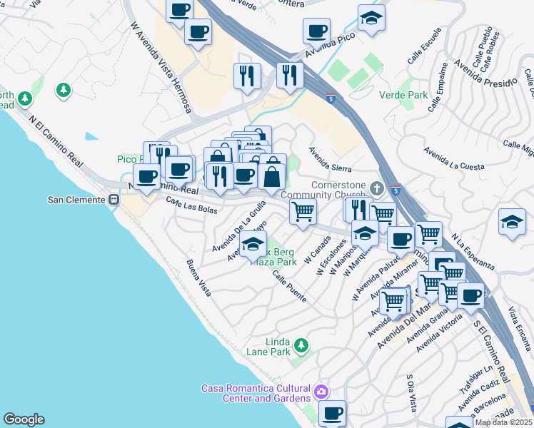 map of restaurants, bars, coffee shops, grocery stores, and more near 1402 North El Camino Real in San Clemente