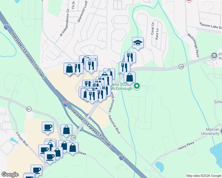 map of restaurants, bars, coffee shops, grocery stores, and more near 60 Willow Lane in McDonough