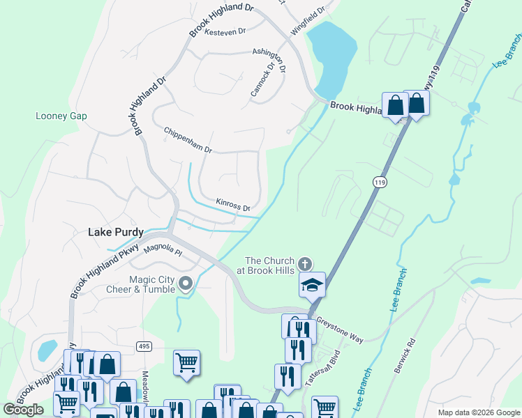 map of restaurants, bars, coffee shops, grocery stores, and more near 3825 Kinross Drive in Birmingham