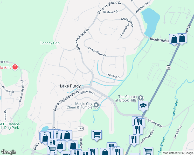 map of restaurants, bars, coffee shops, grocery stores, and more near 3753 Kinross Drive in Birmingham