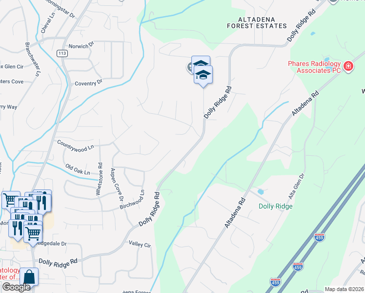 map of restaurants, bars, coffee shops, grocery stores, and more near 2005 Country Ridge Circle in Vestavia Hills