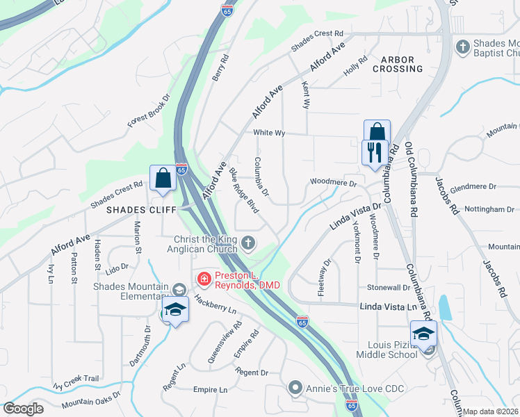 map of restaurants, bars, coffee shops, grocery stores, and more near 2205 Blue Ridge Boulevard in Birmingham