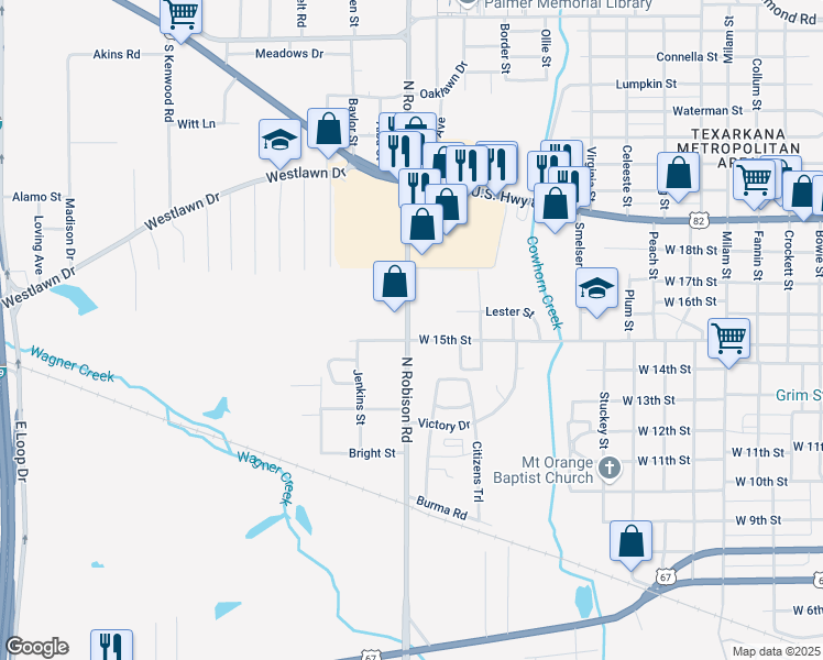 map of restaurants, bars, coffee shops, grocery stores, and more near 1568 North Robison Road in Texarkana
