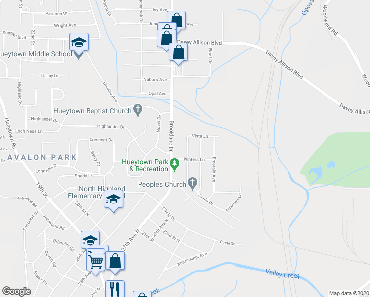 map of restaurants, bars, coffee shops, grocery stores, and more near 2820 Clyburne Street in Hueytown