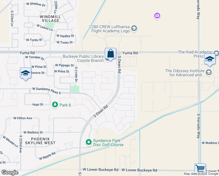 map of restaurants, bars, coffee shops, grocery stores, and more near 21734 West Cocopah Street in Buckeye