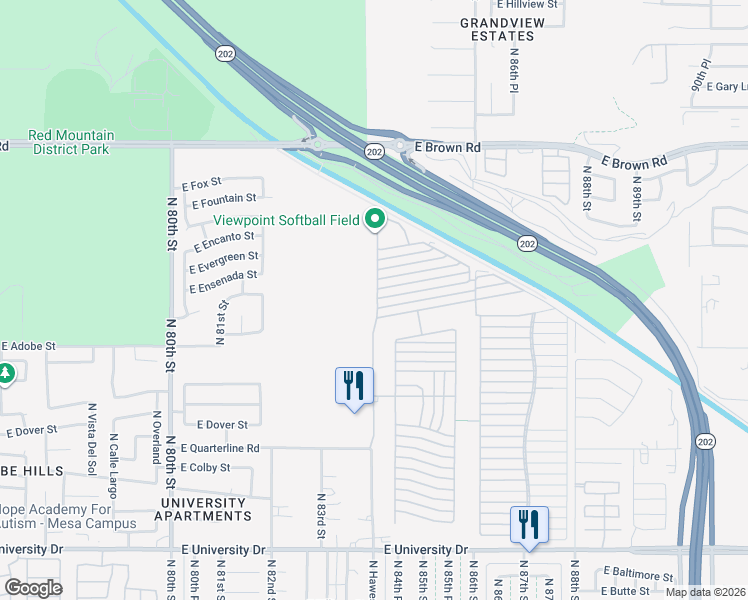 map of restaurants, bars, coffee shops, grocery stores, and more near East Viewpoint Trailer Resort in Mesa