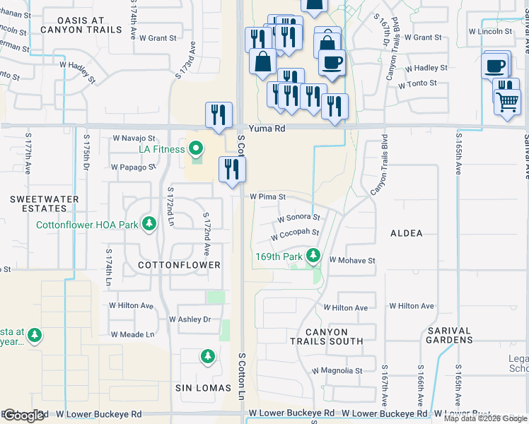 map of restaurants, bars, coffee shops, grocery stores, and more near 17016 West Zuni Street in Goodyear