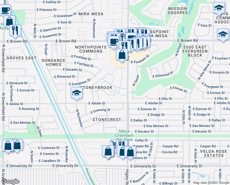 map of restaurants, bars, coffee shops, grocery stores, and more near 5135 East Evergreen Street in Mesa
